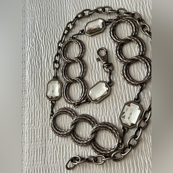 Women’s Chain Belt Hip & Waist Square Rhinestones Modern Metal Links Silvertone - Picture 3 of 7